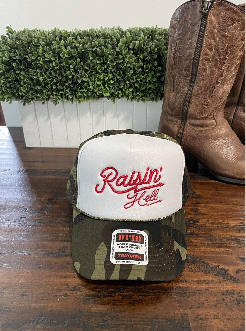 Raisin' Hell Embroidered Camo Trucker Cap Foam Trucker Mesh Country Gal CowGirl