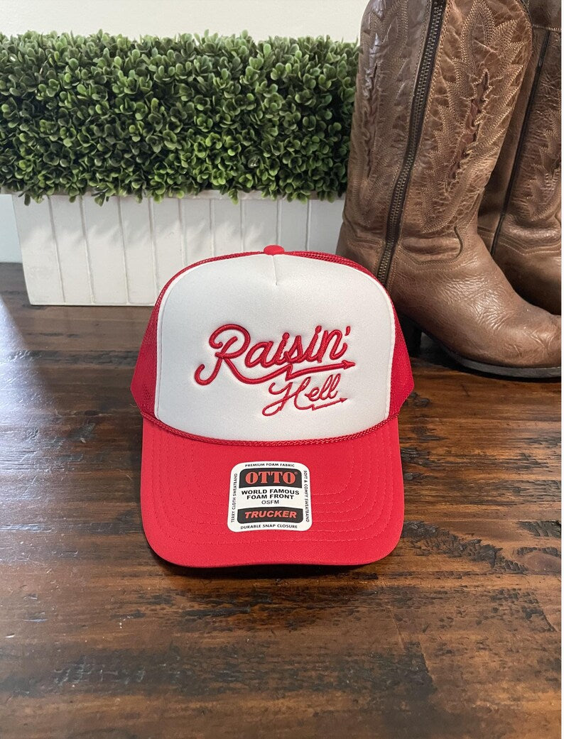 Raisin' Hell Embroidered Red Trucker Cap Foam Trucker Mesh Country Gal CowGirl